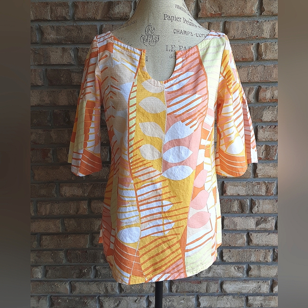 Tori Richard Tropical Leaf Print Scoop Neck Top in Orange, Yellow, White